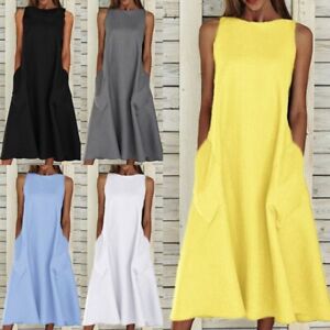 Plus Size Womens Ladies Summer Sleeveless Cotton Linen Kaftan Baggy Midi Dress