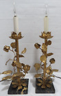 Vintage Gold Gilt Rose Marble Hollywood Regency Table Lamp Pair Boudoir Italian