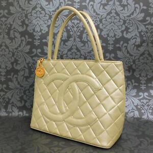 CHANEL MEDALLION Caviar Skin Leather Beige Tote Bag #2653 Rise-on