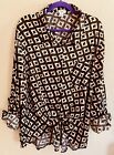 SATINY ROOMY 3X 70s Pattern Gold Black Button Up Tie Blouse Casual Night Out