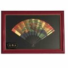 Vintage Kyoto Folding Fan in Red Lacquered Goldtone Trim Shadowbox Design Frame