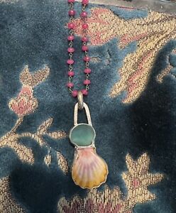 Hawaiian Sunrise Shell And Sea glass Pendant Necklace. Turquoise