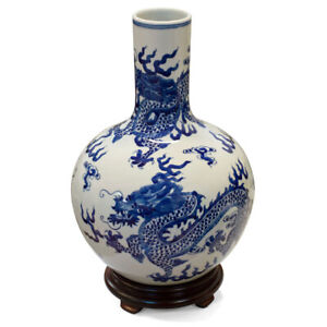 US Seller - Blue and White Dragon Motif Chinese Porcelain Temple Vase
