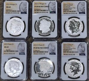 2023 Morgan Silver Dollars & Peace NGC MS69/PF 6 complete Set  with COAs