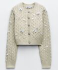 ZARA NEW WOMAN CROPPED KNIT CARDIGAN WITH BEADING FLORAL LIGHT GREEN Sz: L
