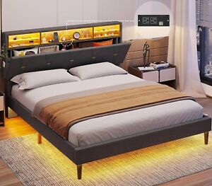 Full Size Bed Frame with LED Lights & Storage Headboard Upholstered Platform Bed