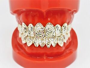 925 Silver w/18K Yellow Gold Plated Rose Dust Cut Custom Fit Real Grill Grillz
