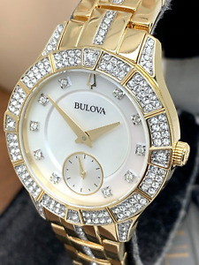 Bulova Womens Watch 98L283 Quartz Crystal Accent Mother of Pearl Dial Gold Steel