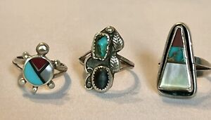 Lot Of 3 Vintage Native American Sterling Silver Rings Turquoise Coral Onyx MOP