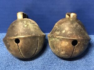 2 MATCHING Antique SOLID Brass 2&3/4”dia. Horse SLEIGH BELLS Marked #8 Same Size