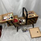 Vintage Wood Fold Out Accordion Sewing Box - Needs Repair/TLC / Filled Stuff