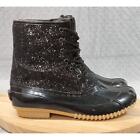 Sugar Boots Women's Size 9 Black Glitter Duck Bootie Lace-Up Waterproof FSF603