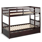 Costway Twin Over Twin Bunk Bed w/ Twin Trundle Solid Wood Frame Espresso