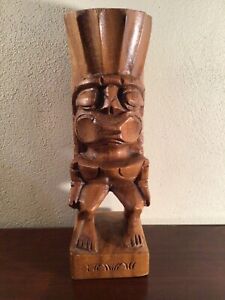 Vintage 10 1/4” Hand Carved Wood Hawaiian Tiki Statue Hawaii Wooden Carving