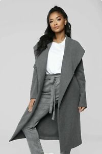 Fashion Nova Womens XL Coat Walking In the Snow Trench Gray Tie Belt