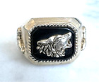 BGE MEN'S 925 STERLING SILVER AND ONYX WOLF SIGNET RING SIZE 8
