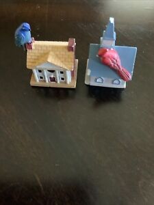 LENOX Two Miniature Garden Bird Houses: Cardinal on Church, Blue Bird on Roof