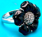 Melissa Jet Swarovski Crystal Black Flower Ring Size 8 1/2 Silver Preowned