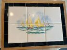 Signed 6 tile Ceramic hand painted sailboat ocean framed wood trivet wall decor