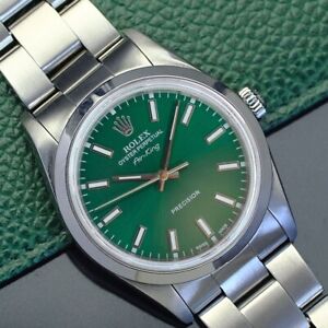 ROLEX MENS AIR-KING STEEL WATCH 34M GREEN DIAL SMOOTH BEZEL OYSTER BAND 14000