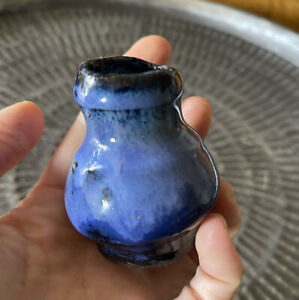 Vintage hand thrown blue pottery tiny drip painted glazed bud vase 3” handmade