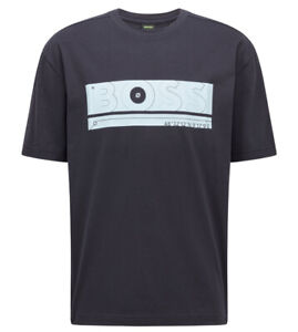 HUGO BOSS Relaxed Fit T-Shirt Organic Cotton Logo Artwork Dark Blue S/M/L/XL/XXL