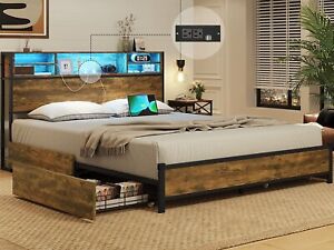 LED Bed Frame Full Size with Outlets and Bookcase Headboard Metal Platform Bed