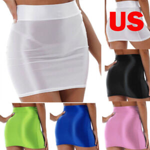 US Women See Through High Waist Glossy Mini Skirts Bodycon Pencil Skirt Clubwear