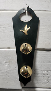Vintage Sleigh Bells on Leather Green Brass Duck Emblem Rare Holiday Door H4