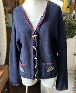 Vintage Dressbarn Size L XL Cardigan Sweater Embroidered Floral Toggle Dark Blue