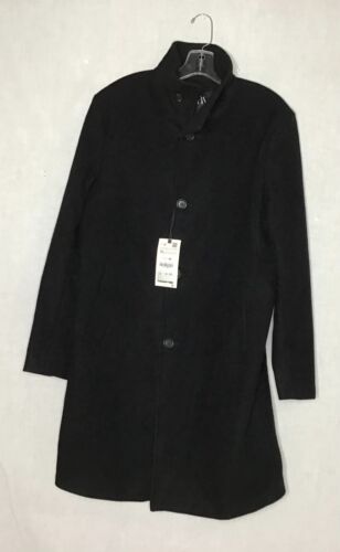 Zara Solid Black Mens Trench Coat 4 Piece Button Front Collared Size XL $89