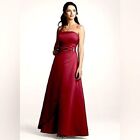 David’s Bridal satin wine colored gown with side drape & brooch.