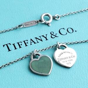 TIFFANY & Co. Return to  Double Heart Mini Pendant Necklace Enamel Blue USED F/S