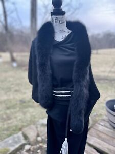 Magaschoni 9205 Womens Black Cashmere Fox Fur Trim Cardigan Sweater Top O/S