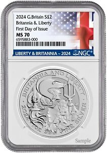 2024 (MS70 FDOI) Britannia & Liberty 1 oz Silver Great Britain 2£ - First Day of
