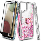 For Samsung Galaxy A12 Case, Liquid Glitter Cover with Tempered Glass & Lanyard