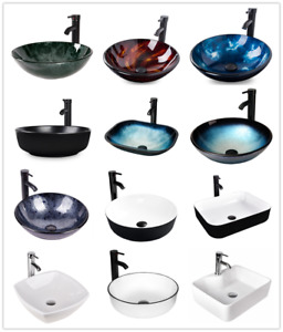 Bathroom Vessel Sink Glass Ceramic Bowl Drain Faucet Pop Up Basin Combo Set US