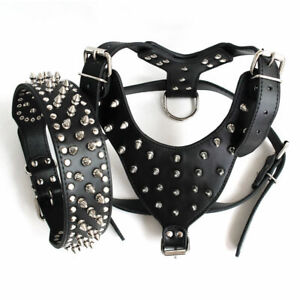 Dog Harness & Collar Spiked Studded Leather For Pitbull Bully Boxer 17-20