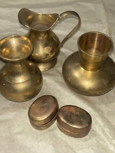 Lot 5 VTG India Solid Brass/pill Boxes,  &  Miniature Vases
