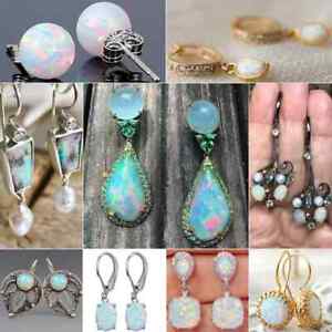 925 Silver Earrings Oval White Fire Opal Ear Hook Drop Women Jewelry A Pair
