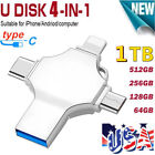 2TB USB 3.0 Flash Drive Memory Photo Stick for iPhone Android iPad Type C 4 IN1