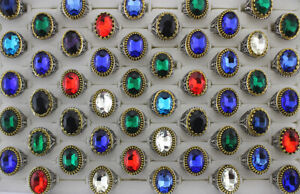 Wholesale Lots 35pcs Double Color Alloy Classic Jewelry Big Glass Unisex Rings