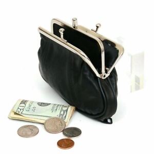 Black Genuine Leather Woman Coin Purse Double Frame Change Wallet
