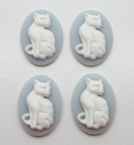 Cat Cameos - 18X13mm Oval Cabochons White on Blue Sitting Cats Halloween - Qty 4