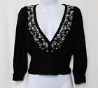 Vintage Guess Beaded Button Front Crop Cardigan M Black Long Sleeve Rayon Blend