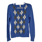 TWEEDS Cardigan Women Large Blue Gray Argyle Cashmere Round Neck Button Sweater