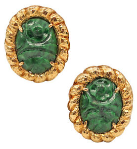 Modernist 1970 Clip-on Earrings In 18Kt Yellow Gold 24.30 Ctw Maw Sit Sit Jade