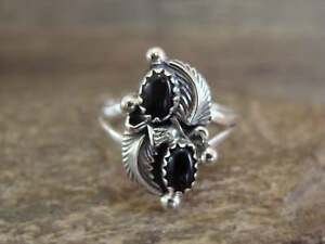 Navajo Sterling Silver Feather & Onyx Ring by Saunders - Size 8