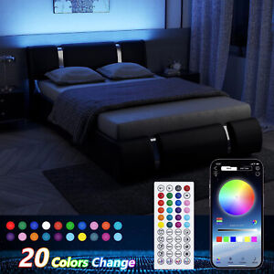 Queen Full Size Modern LED Bed Frame Upholstered Platform Bed with Headboard