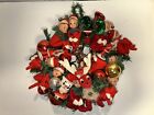 Vtg Xmas 15” Wreath Bent Knee Elves Pixie Santa’s Bells Glass Ornaments Reindeer